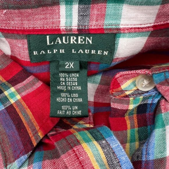 Lauren Ralph Lauren Red Plaid Linen Women's Button-Down Shirt 2X Long Sleeve - Picture 2 of 4